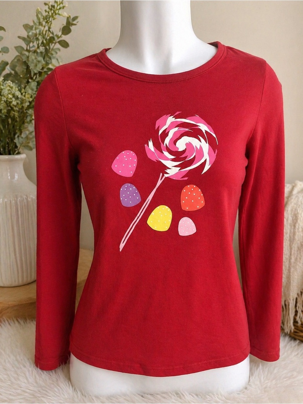 Lollipop girls red top Sz 10-12 long sleeve kids candy land by xhiliration